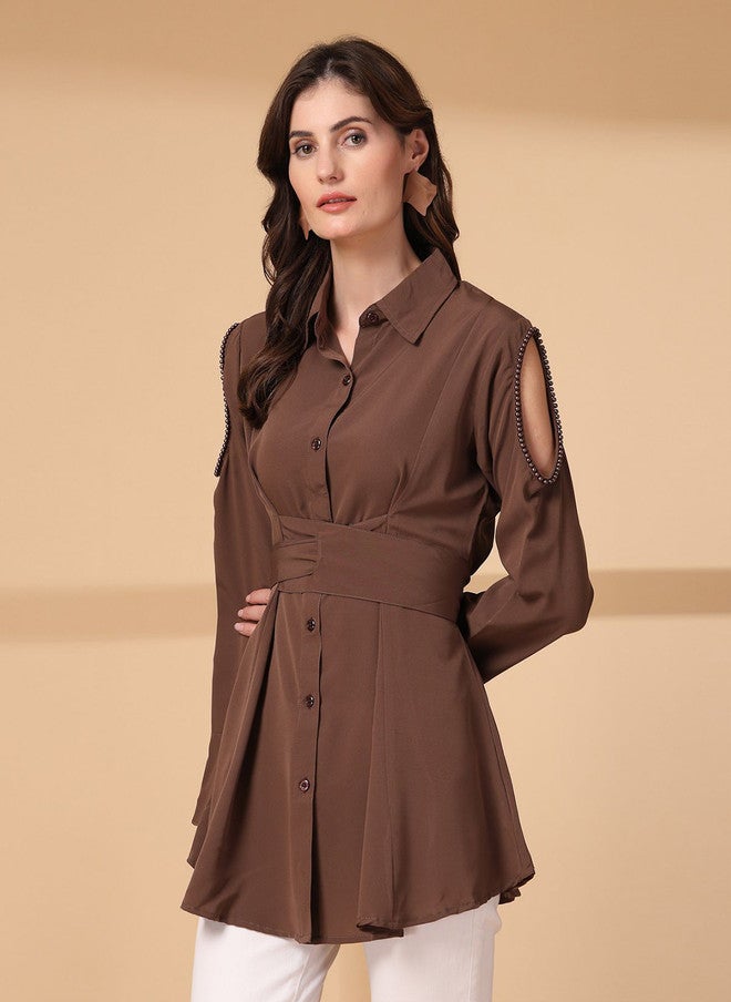 PlusS Brown Cold-Shoulder Longline Shirt for Women - Image 4
