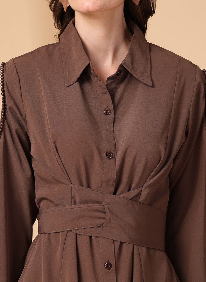 PlusS Brown Cold-Shoulder Longline Shirt for Women - Image 2