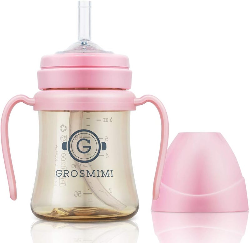 GROSMIMI Spill Proof no Spill Magic Sippy Cup with Straw with Handle for Baby and Toddlers, Customizable, PPSU, BPA Free 6 oz (Pink) - Image 1