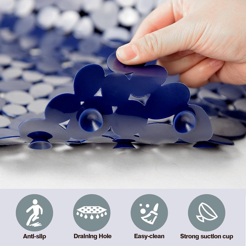 SONGZIMING Bathtub Mat Non Slip Pebble Bath Shower Mat with Drain Holes, Suction Cups Mat for Tub 16" W x 35" L, Navy Blue - Image 4