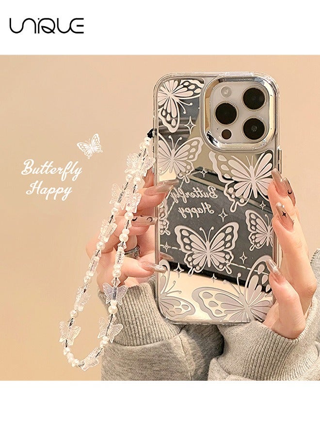 يونيك متوافق مع حافظات ايفون 15 برو ماكس ، وحافظات نمط الفراشة ، وحافظات الكتابة على الجدران ، وحالات المرايا ، وحماية من السقوط من مادة TPU - مع حبل - Image 1