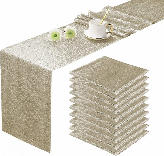 10 PACK SEQUIN TABLE RUNNER 12 X 72 INCHES GLITTER TABLE RUNNER FOR BIRTHDAY PARTY SUPPLIES DECORATIONS 10 PCS CHAMPAGNE