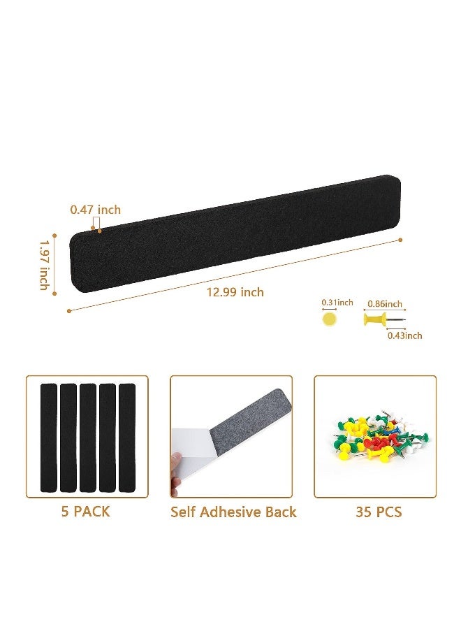 5 Pack Felt Pin Board Bar Strips Bulletin Board for Bedrooms Offices Home Wall Decoration, Notice Board Self Adhesive Cork Board with 50 Push Pins for Paste Notes, Photos, Schedules (Black) - Image 3