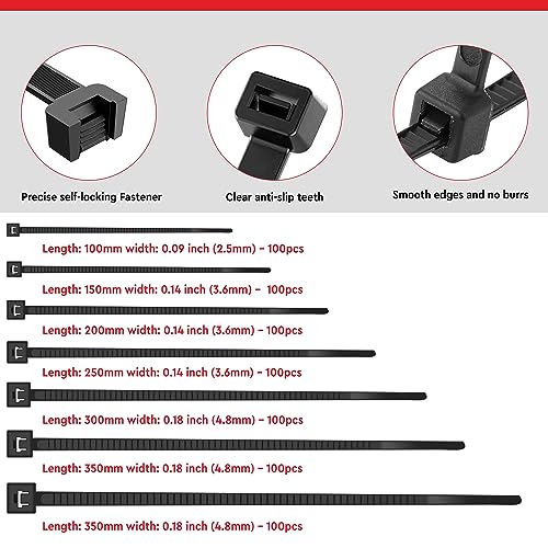 Robustt Self Locking Cable Ties | 250 X 3.6 mm | 100 Pieces, Black | Heat Resistant Cable Zip Ties | Self-Locking Cable Organizer | Anti - Slip Wire Organizer | For Indoor & Outdoor Use - Image 5