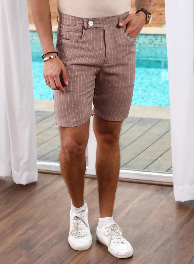 Campus Sutra Men's Chestnut Brown Pinstriped Shorts For Casual Wear | Mid-Rise | 4 Pockets | Button Closure | Shorts Crafted With Comfort Fit For Everyday Wear