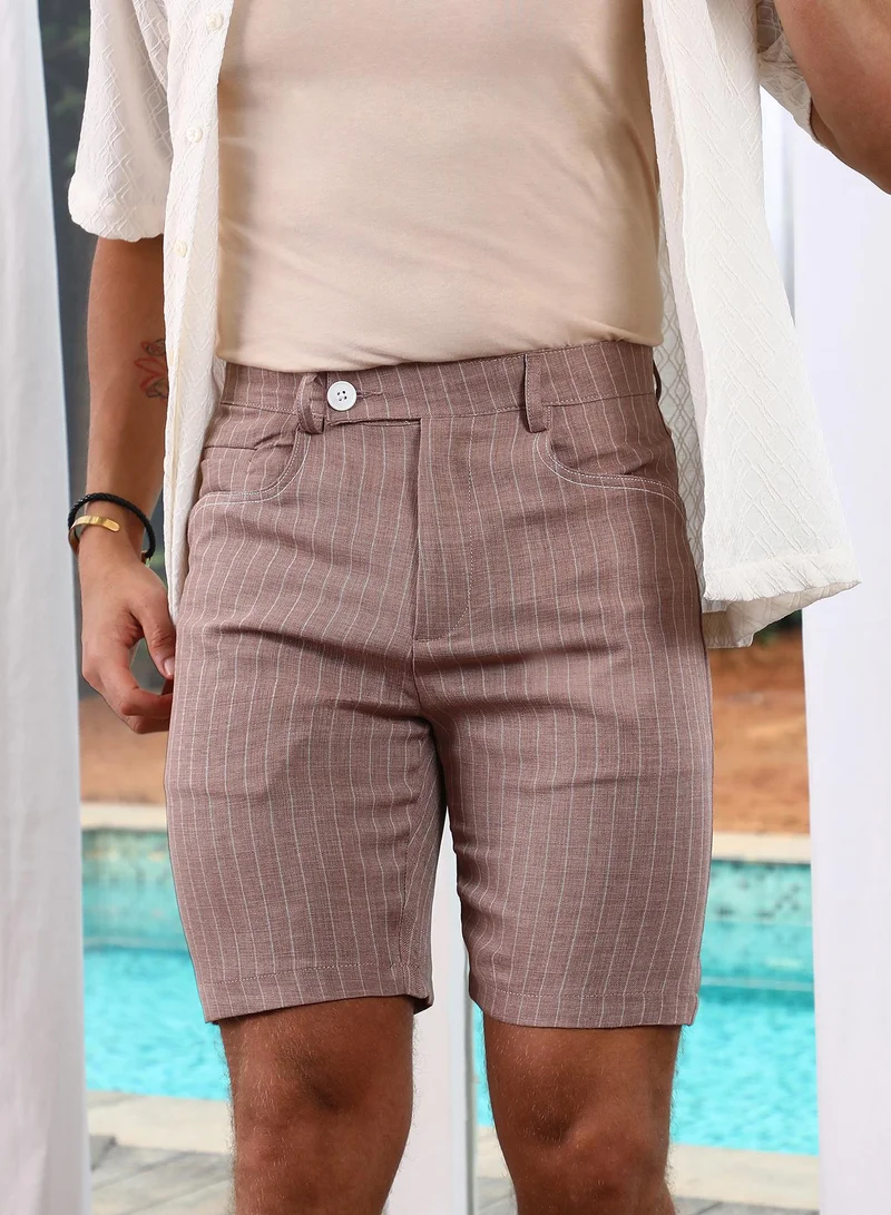 Campus Sutra Men's Chestnut Brown Pinstriped Shorts For Casual Wear | Mid-Rise | 4 Pockets | Button Closure | Shorts Crafted With Comfort Fit For Everyday Wear