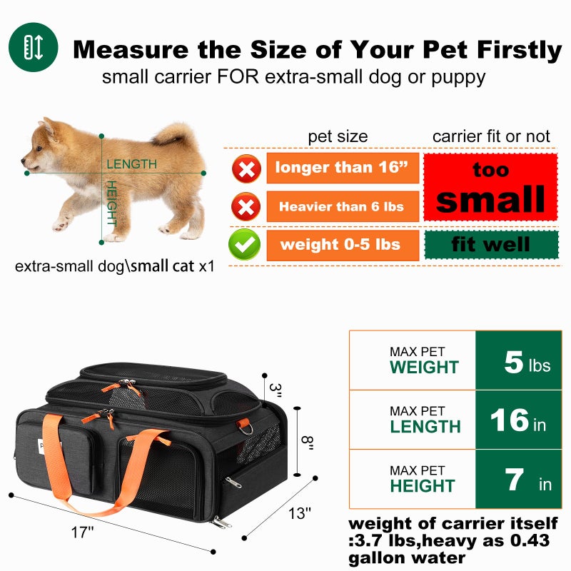 pidipiti 17x13x8 Frontier Allegiant Breeze Airlines Approved top Expandable pet Carrier for Extra-Small Dog/Small cat,Weight up to 5 lbs,Length Shorter Than 16'' - Image 3