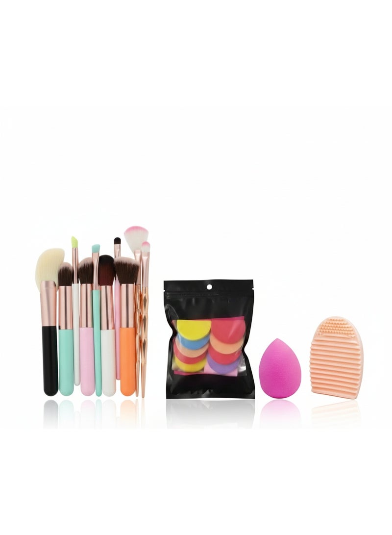 22-Piece Professional Makeup Set - Synthetic Brushes, Multi-Color Sponges & Silicone Cleaner