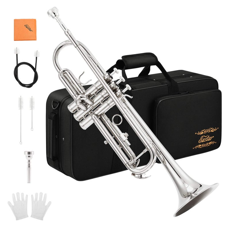 Eastar Bb Standard Trumpet Set for Beginner Brass Student Trumpet Instrument with Hard Case Cleaning Kit 7C Mouthpiece and Gloves ETR380N Silver