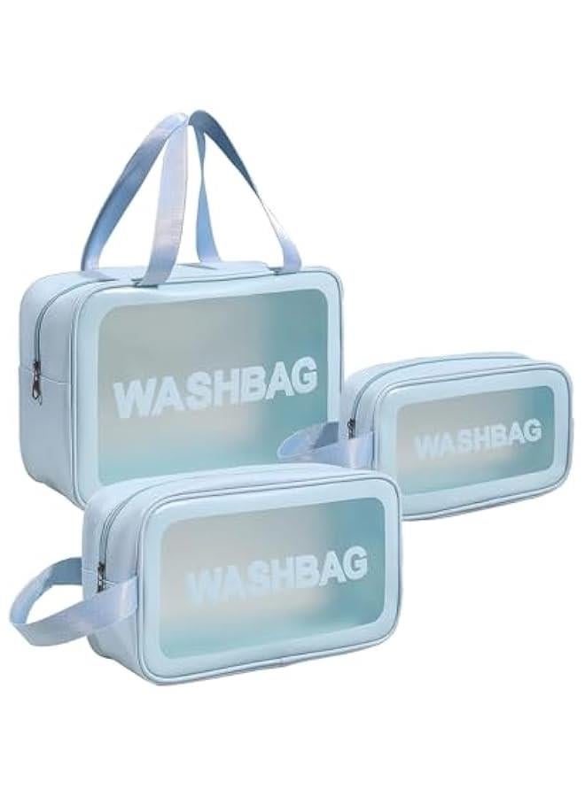 HOOKOR 3 PCS Travel Toiletry Bag for Women Men, Translucent Waterproof Makeup Cosmetic Travel Organizer Bag for Size Toiletries Accessories with Large Capacity (Blue) - Image 1