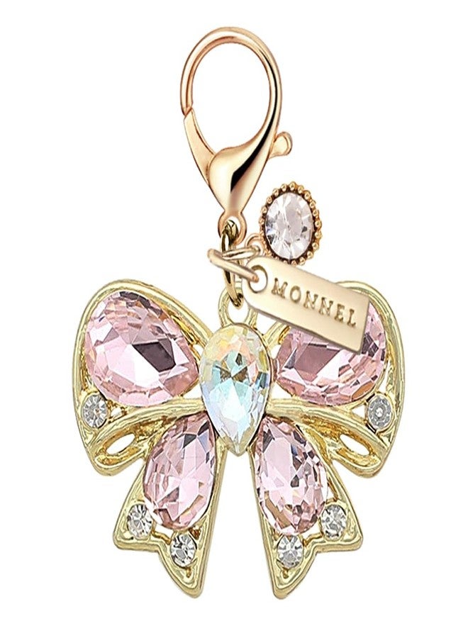 MONNEL MC730 Little Crystal 3D Bow Lobster Clasp Charm for Women with Velvet Bag (Pink,1 Piece) - Image 1