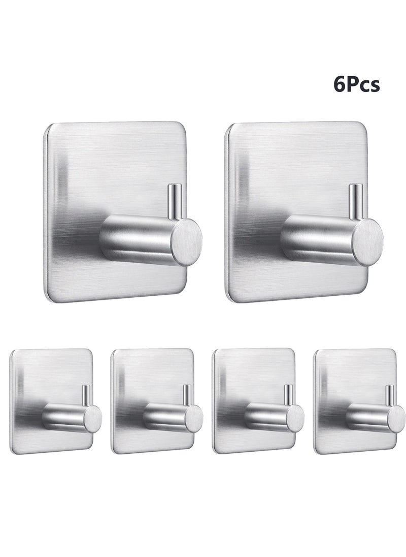 EZGOZ Stainless Steel Wall Hooks Waterproof Heavy Duty Adhesive Wall Hangers for Towel and Kitchen Bathroom Key Organization - 6Packs Silvery  - Image 1