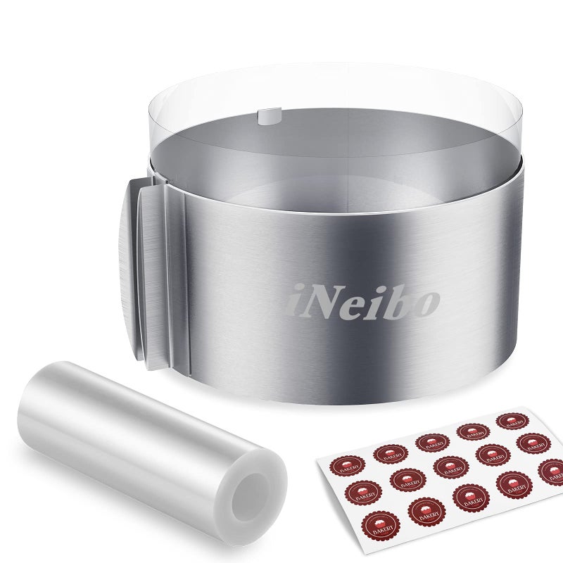 iNeibo طقم حلقة كعكة وحزام كعكة iNeibo، حلقة كعكة موس قابلة للتعديل من 6 إلى 12 بوصة مع لفة كعكة شفافة 6 بوصة، حلقة معجنات من الفولاذ المقاوم للصدأ، حلقة موس، قالب حلقة للخبز - Image 1