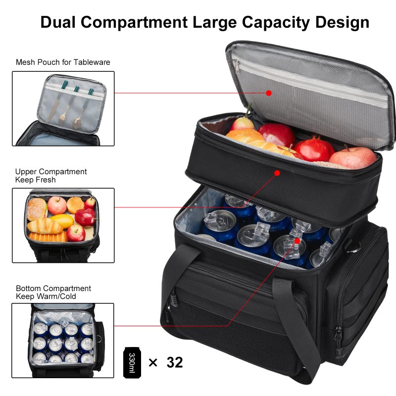 Gafetrey Large Tactical Lunch Box for Men, Insulated Lunch Bag Adult, Thermal Lunchbox Leakproof Waterproof Cooler Bag, Dual Compartment Lunch tote, Large Lunch Pail for Office Camping (Black) 24L - Image 2