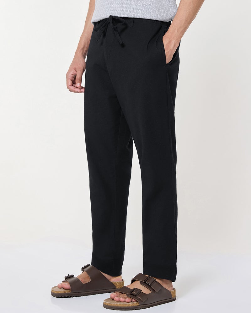 bewakoof Men's Jet Black Cotton Linen Pants - Image 2