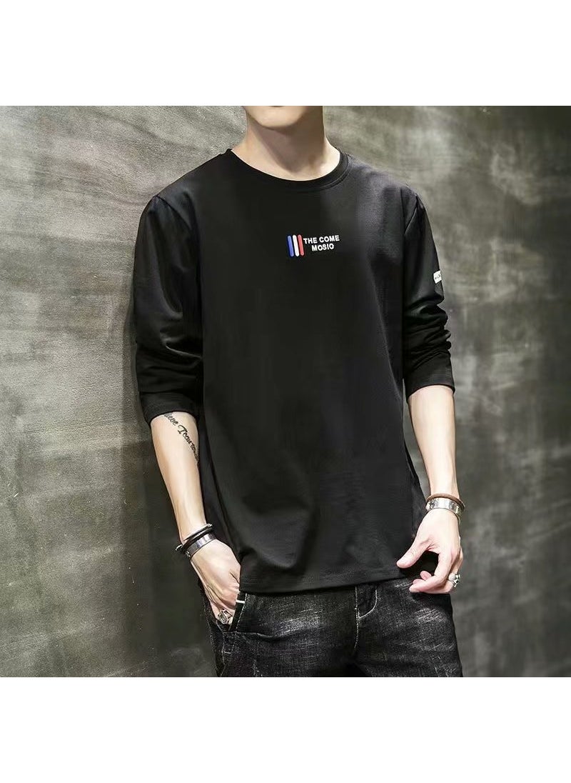 Generic - Mens Long Sleeve T-shirt Autumn Korean Trendy Versatile Loose-fit Round Neck Casual Base Layer Top For Young Boys TH Black - Image 1