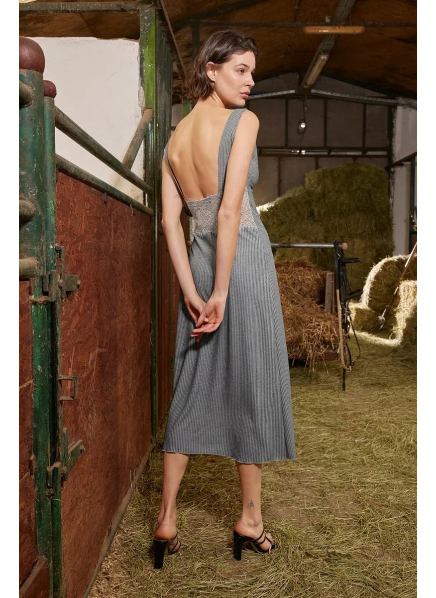 موناميسي Women's Clothing Gray Slit Low-Cut Nightgown