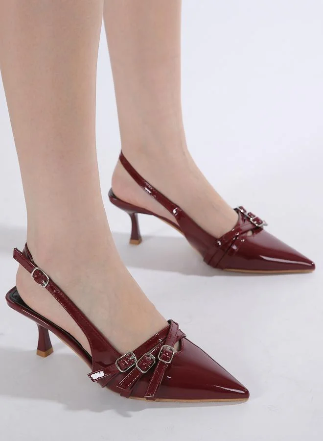 Sneak-a-Peek Pointed Toe Stiletto High Heels Pumps with Buckle Details