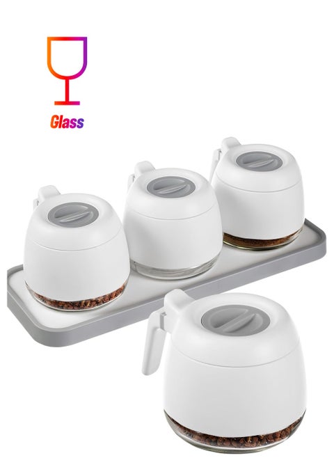 Condiment Jars Set , Portable Round Spice Jars with Lid and Spoon280ml9.9oz, Reusable Kitchen Glass Salt Dispenser for Salt and Sugar Container, Airtight Glass Jars, Set of 3