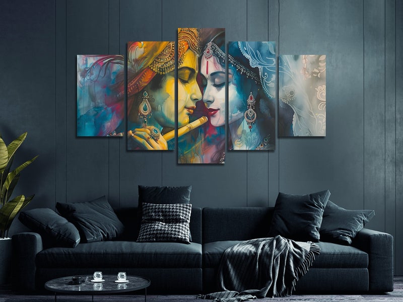 ARS Framed Canvas Abstract Painting Print of Romantic Krishna, Lord Krishna Flute Canvas: Hindu God Spiritual Wall Art, Embrace Canvas, Hindu Mythology Love Art, Spiritual Wall Decor, Vibrant Couple Portrait, Ready to Hang Print Art - Image 3