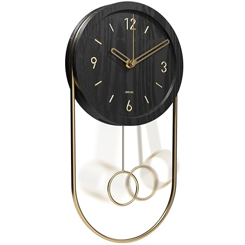 Driini Decorative Wall Clock with Pendulum Black Modern Wood 3D Gold Numbers Metal Frame Small Unique Wall Clocks for Living Room Decor or Bathroom Battery Operated Silent NonTicking - Image 1