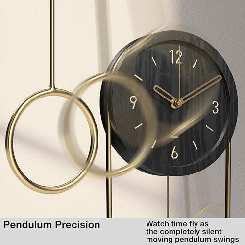 Driini Decorative Wall Clock with Pendulum Black Modern Wood 3D Gold Numbers Metal Frame Small Unique Wall Clocks for Living Room Decor or Bathroom Battery Operated Silent NonTicking - Image 3