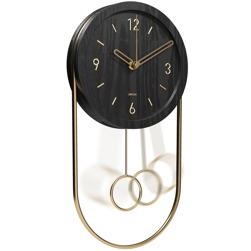 Driini Decorative Wall Clock with Pendulum Black Modern Wood 3D Gold Numbers Metal Frame Small Unique Wall Clocks for Living Room Decor or Bathroom Battery Operated Silent NonTicking - Image 2