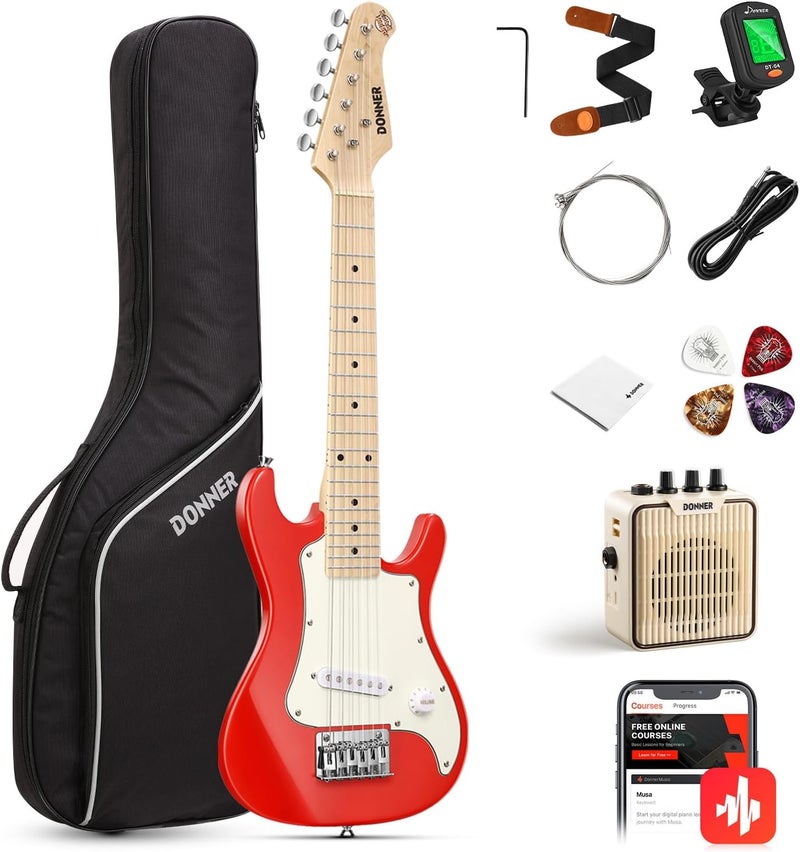 Donner 30 Inch Kids Junior Electric Guitar Beginner Kit ST Style Mini Guitar Premium Bundle with Amp, Tuner, Capo, Bag, Strap, String, Cable (DSJ-100, Red) - Image 1