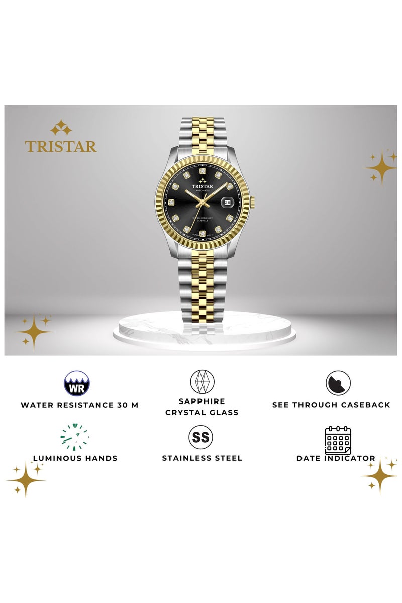 Tristar ساعة تريستار RD للرجال اليابانية الأوتوماتيكية مع قرص أسود وسوار من الفولاذ المقاوم للصدأ بتصميم ثنائي اللون - Image 2