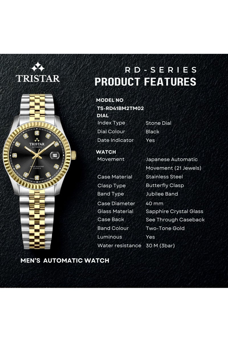Tristar ساعة تريستار RD للرجال اليابانية الأوتوماتيكية مع قرص أسود وسوار من الفولاذ المقاوم للصدأ بتصميم ثنائي اللون - Image 4