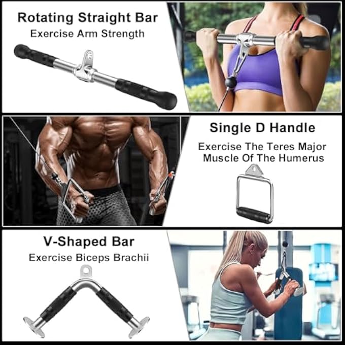 rayihni Cable Handles Triceps Pull Down Attachment Combo, Lat Pulldown Rope Cable Machine Accessories For Home Gym Weight Lifting, V-Handle, D-Handle, Rotating Straight V-Shaped Bar, Tricep Rope, Ankle Straps - Image 2