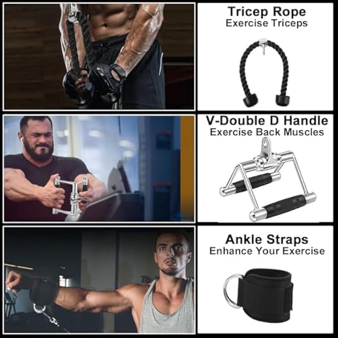 rayihni Cable Handles Triceps Pull Down Attachment Combo, Lat Pulldown Rope Cable Machine Accessories For Home Gym Weight Lifting, V-Handle, D-Handle, Rotating Straight V-Shaped Bar, Tricep Rope, Ankle Straps - Image 3