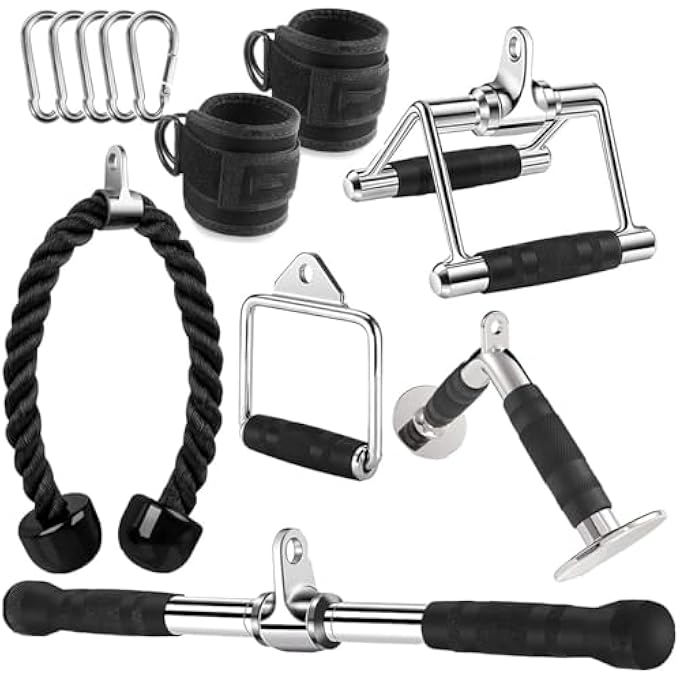 rayihni Cable Handles Triceps Pull Down Attachment Combo, Lat Pulldown Rope Cable Machine Accessories For Home Gym Weight Lifting, V-Handle, D-Handle, Rotating Straight V-Shaped Bar, Tricep Rope, Ankle Straps - Image 1