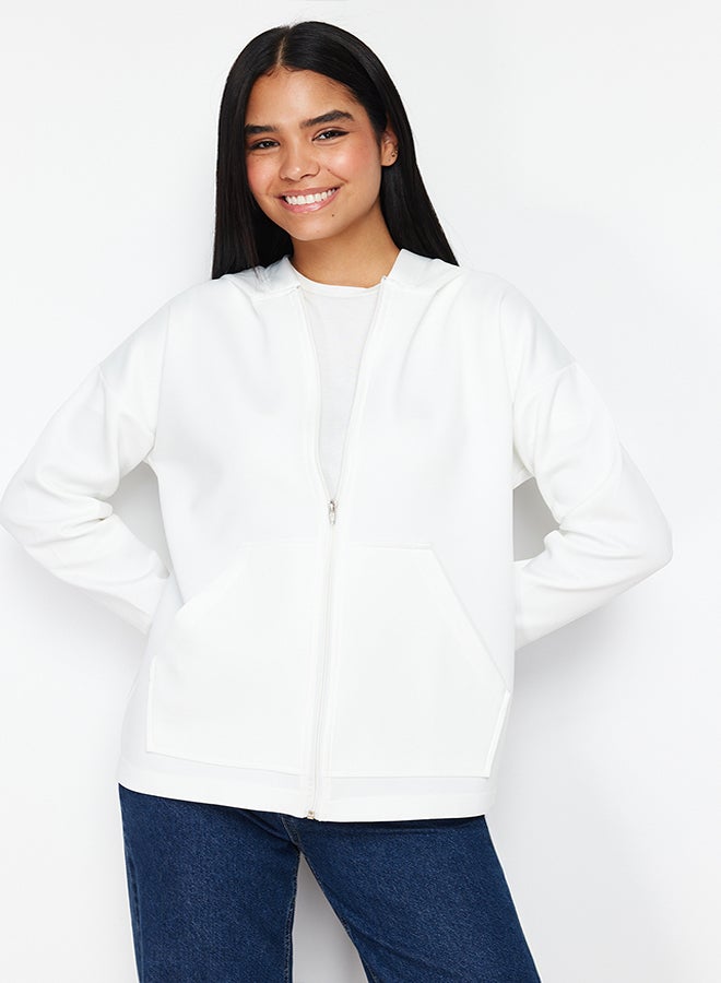 trendyol Ecru Hooded Zipper Pocket Diver/Scuba Knitted Tunic Cardigan TCTSS24TW00002 - Image 2