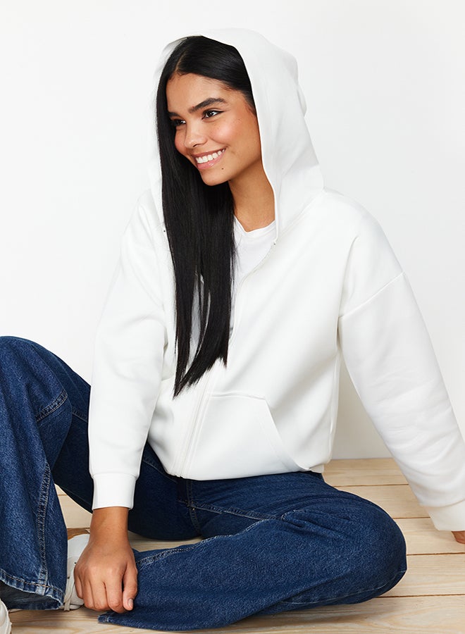 trendyol Ecru Hooded Zipper Pocket Diver/Scuba Knitted Tunic Cardigan TCTSS24TW00002 - Image 3