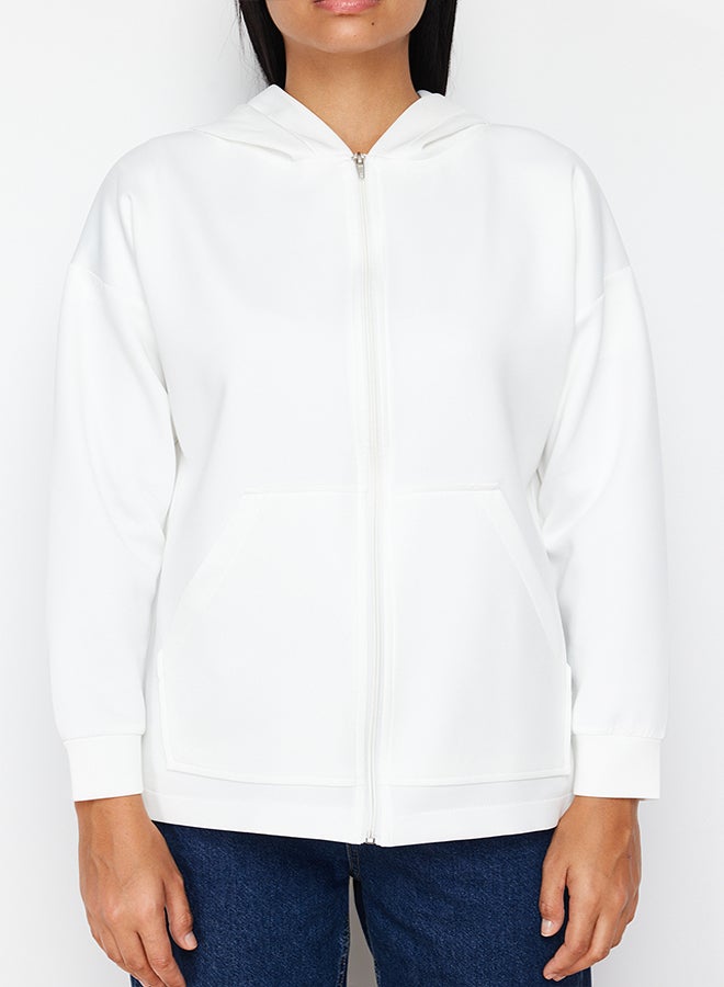 trendyol Ecru Hooded Zipper Pocket Diver/Scuba Knitted Tunic Cardigan TCTSS24TW00002 - Image 4