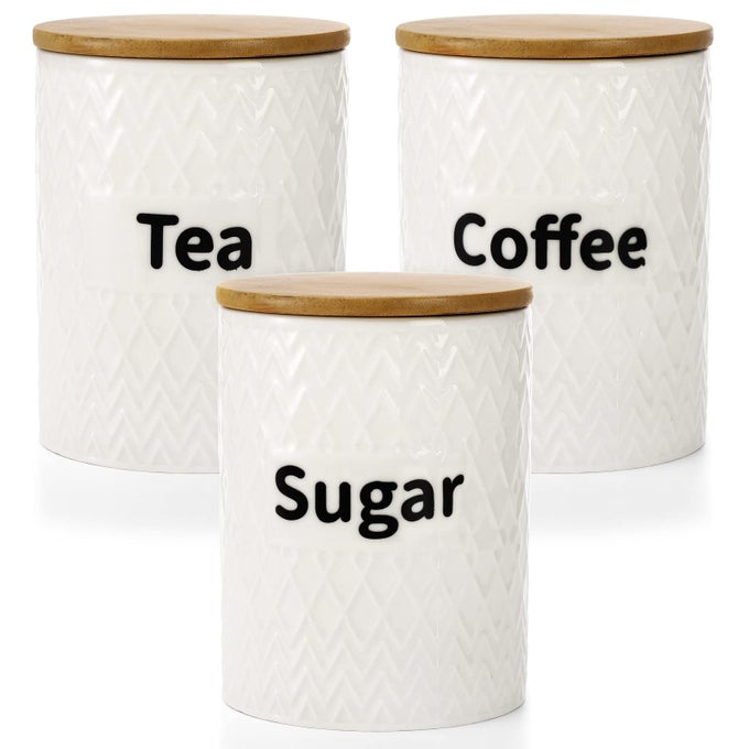 3 PACK CERAMIC KITCHEN CANISTER SET 29OZ AIRTIGHT FOOD STORAGE JARS WITH BAMBOO LIDS TEA COFFEE SUGAR CONTAINER SET FOR COUNTER KITCHEN DECOR