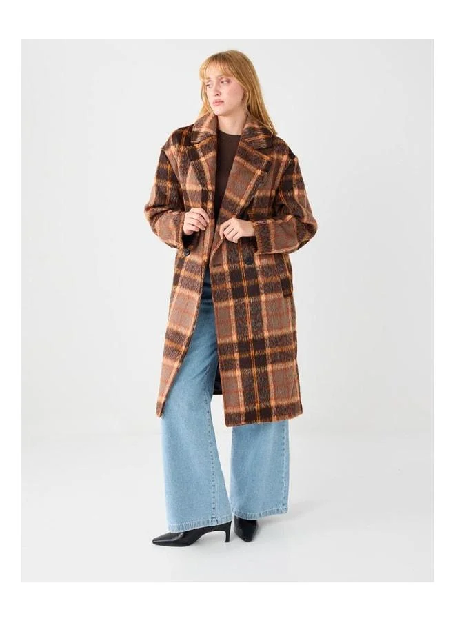 Jimmy Key Orange Notched Collar Checkered Canvas Coat.