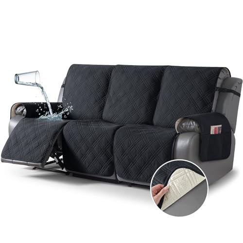 TAOCOCO 100% Waterproof Recliner Sofa Cover Non Slip Couch Cover for 3 Seat Reclining Sofa, Split Reclining Couch Covers 3-Piece with Straps, Washable Sofa Slipcover for Kids Pets(3 Seater, Black) - Image 1