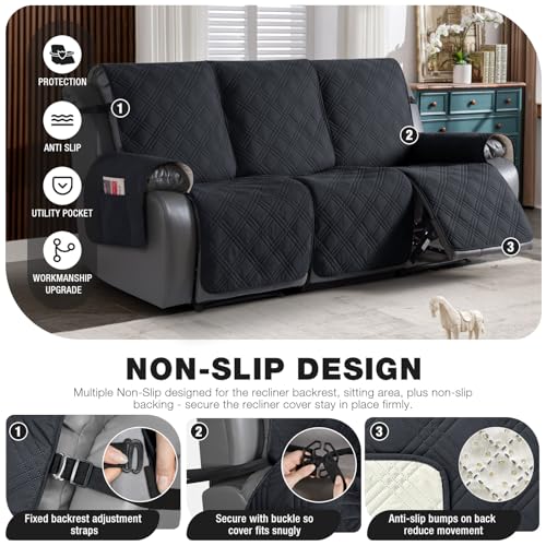 TAOCOCO 100% Waterproof Recliner Sofa Cover Non Slip Couch Cover for 3 Seat Reclining Sofa, Split Reclining Couch Covers 3-Piece with Straps, Washable Sofa Slipcover for Kids Pets(3 Seater, Black) - Image 4