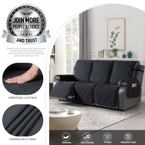 TAOCOCO 100% Waterproof Recliner Sofa Cover Non Slip Couch Cover for 3 Seat Reclining Sofa, Split Reclining Couch Covers 3-Piece with Straps, Washable Sofa Slipcover for Kids Pets(3 Seater, Black) - Image 2