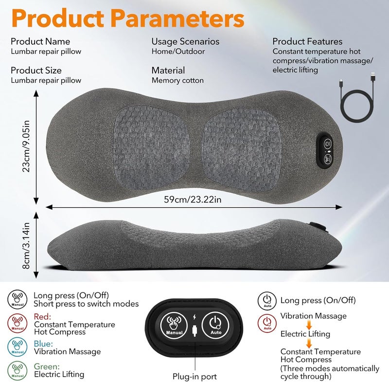 KITCADA 3 in 1 Electric Lumbar Massager Support Pillow, Back Massager with Heat, Adjustable Height for Bed and Chair,Back Support Pillow for Lower Back Pain Relief and Spine Support - Image 2
