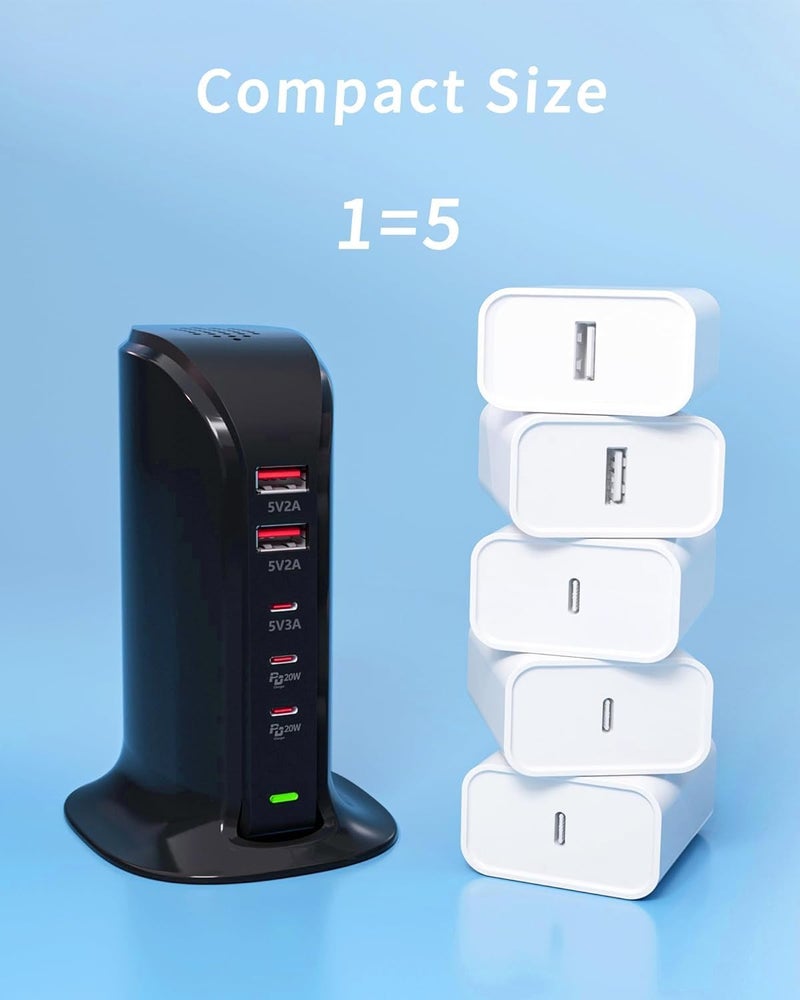 في اتش بي دبليو محطة شحن USB بقدرة 55 واط من ، شاحن USB-C متعدد المنافذ 5، برج شاحن USB لأجهزة iPhone 15/15 Pro/15 Pro Max/iPhone 14/14 Pro/14 Pro Max/13 Pro/13 Pro Max وSamsung وiPad وغيرها (أسود 55 واط) - Image 5