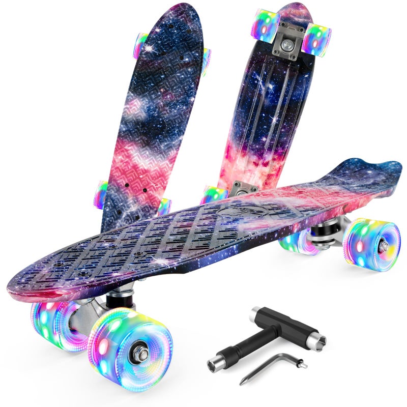 BELEEV 22 inch Skateboards for Kids Cruiser Skateboard for Beginners Girls Boys Teens Adults Mini Skateboards Classic Complete Skate Board with Skate TTool Max Load 220 LBS Purple Nebula