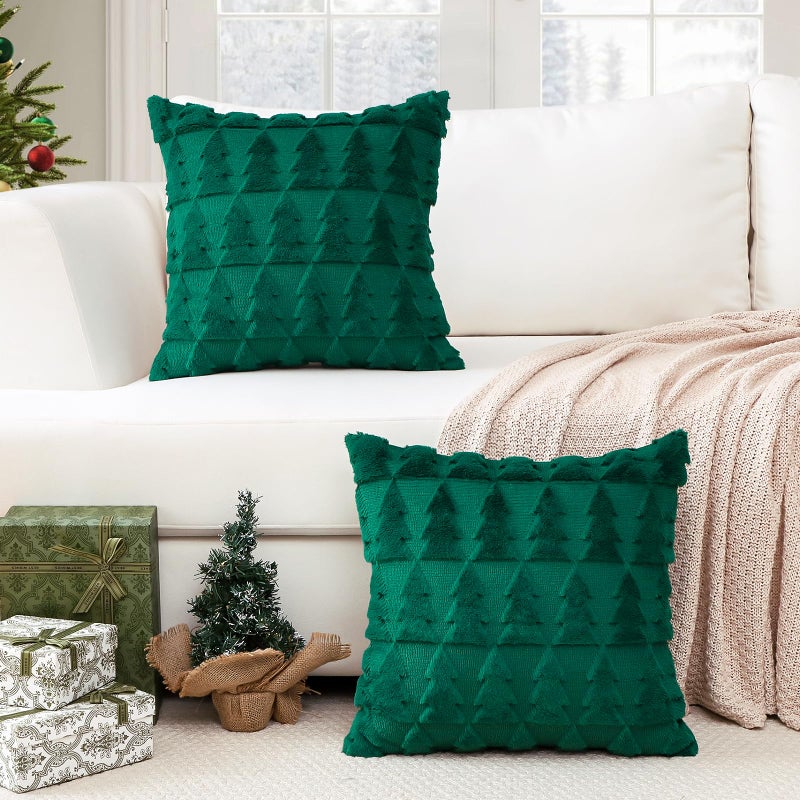 Otostar OTOSTAR Set of 2 Xmas Soft Plush Short Wool Velvet Decorative Throw Pillow Covers Square Luxury Style Cushion Case Pillow Shell for Sofa Bedroom Christmas Tree Green  12x12 Inch  - Image 5