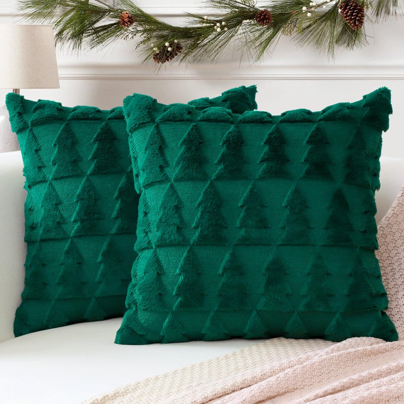 Otostar OTOSTAR Set of 2 Xmas Soft Plush Short Wool Velvet Decorative Throw Pillow Covers Square Luxury Style Cushion Case Pillow Shell for Sofa Bedroom Christmas Tree Green  12x12 Inch  - Image 1