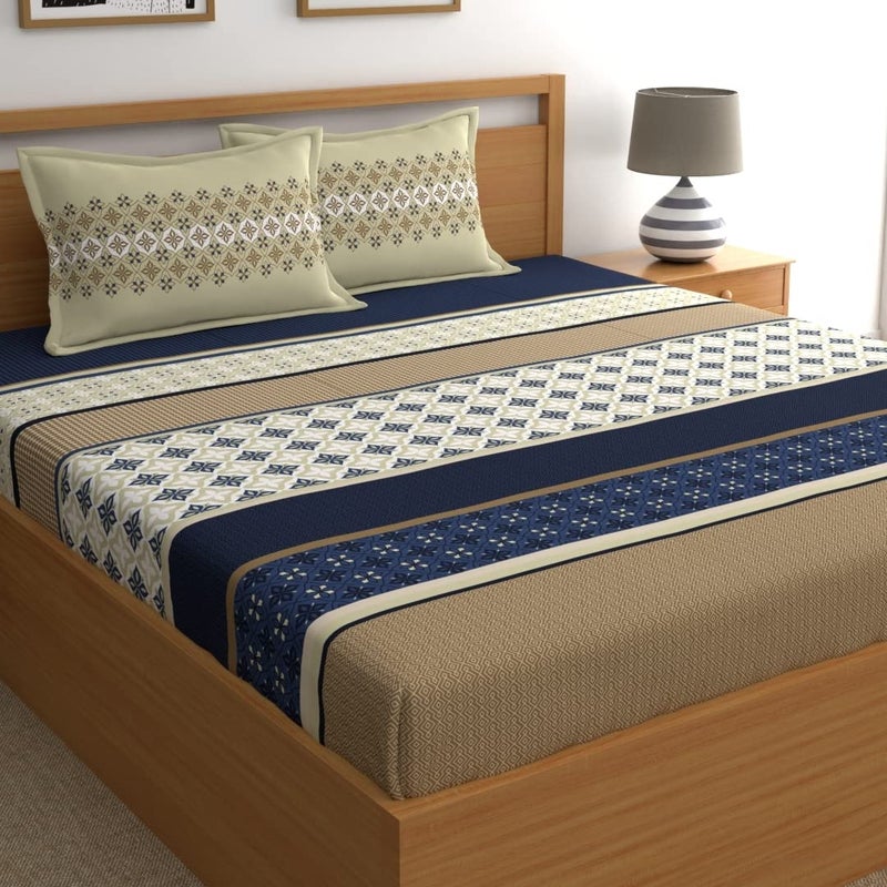 Home Ecstasy 100 Cotton King Bedsheet with 2 Pillow Covers Size 108 x 108 inches 140 TC Colour Blue