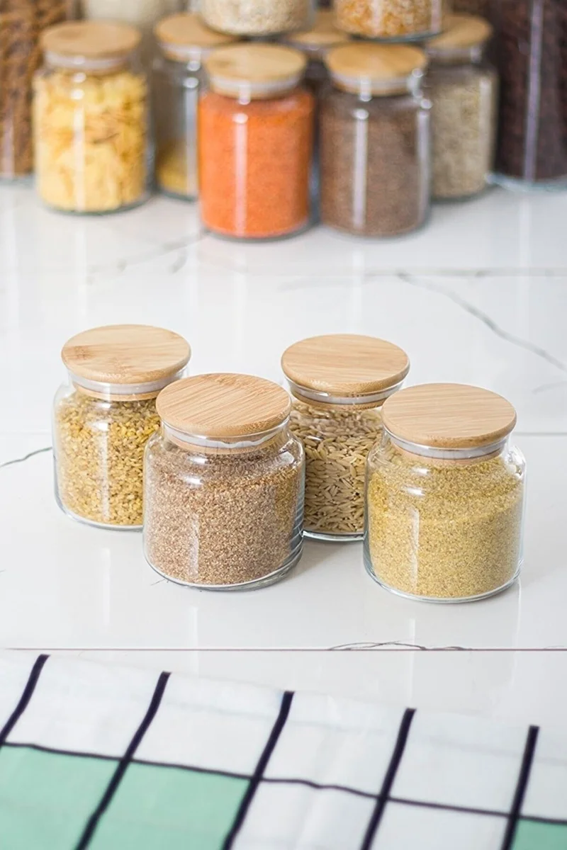 فافوري موتفاك Favori Kitchen 4-Piece Vacuumed Small Glass Jar with Bamboo Lid Storage Container 500ML