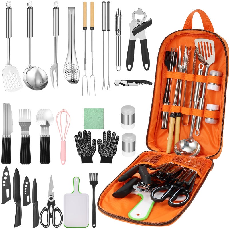 Hozzen Camping Cooking Utensil Set - 33 Pcs Camping Cookware Set, Portable Car Camp Essentials for Cooking and Grilling,Ideal Gift for RV Tent Camper, Picnics, BBQs, Parties - Image 1