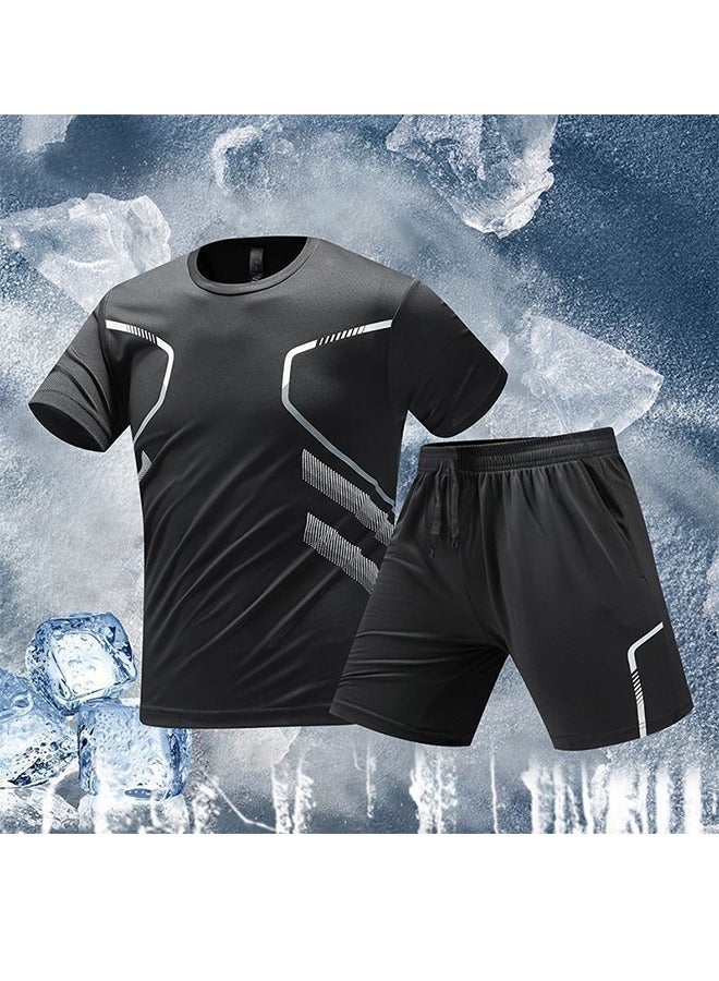Men's Quick-Drying Sports Two-Piece Suit Men's Running Short-Sleeved Lce Silk Suit Lightweight And Enjoy The Unrestrained Sports Experience Black XXL  - Image 5